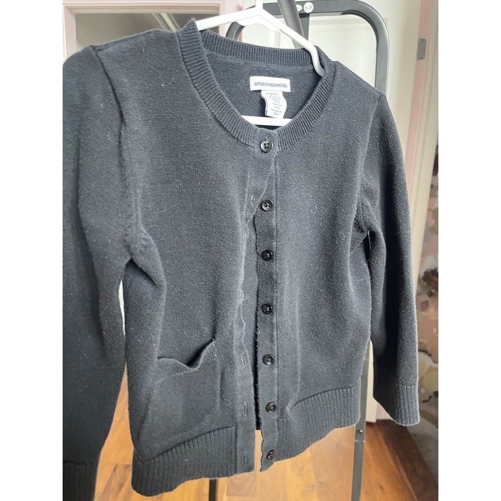 Amazon Essentials Girls Black Knit Cardigan Sweater XS‎ 4-5 Button Crew Neck